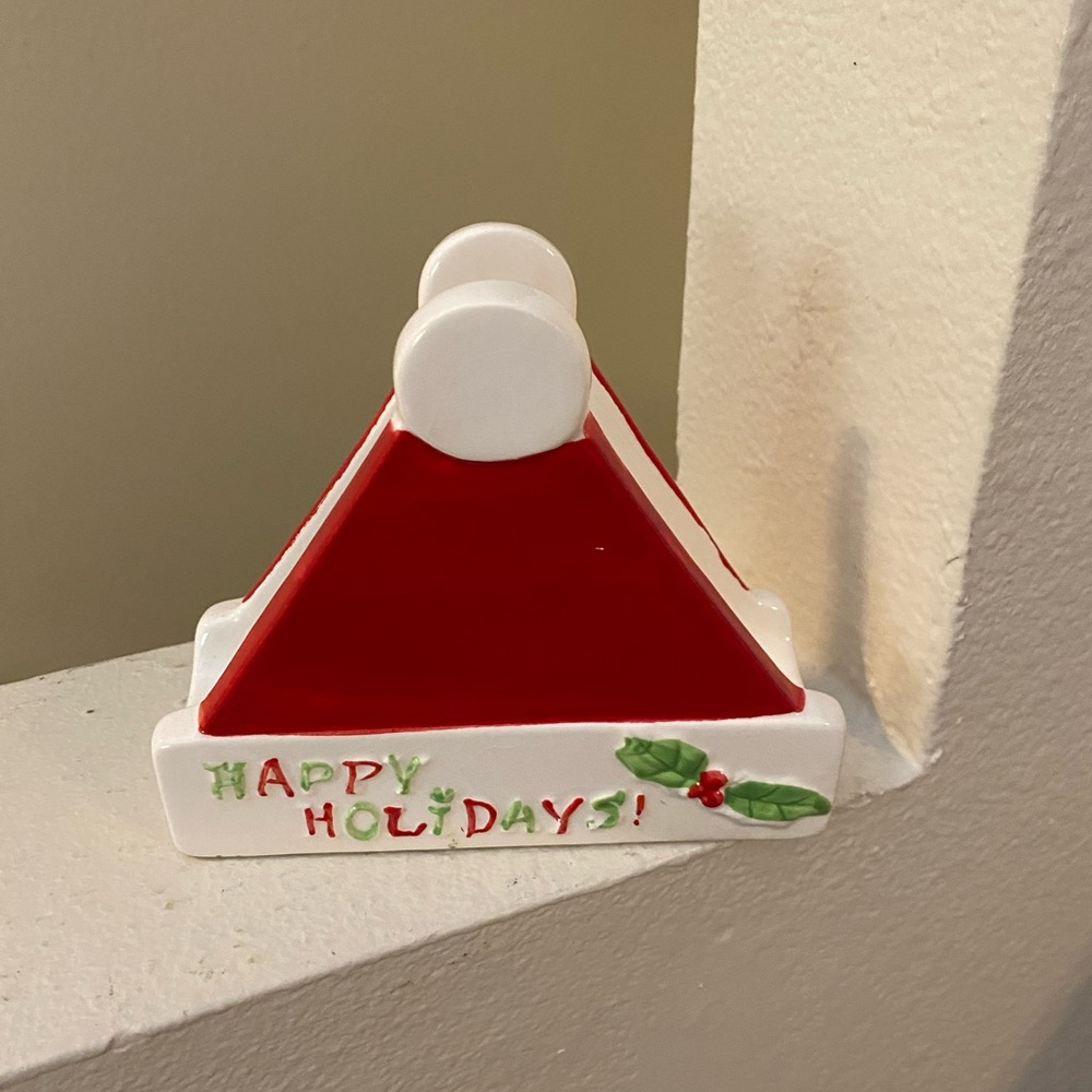 🐠 Happy Holidays Santa Hat Napkin Holder. Ceramic. Vintage Kmart.